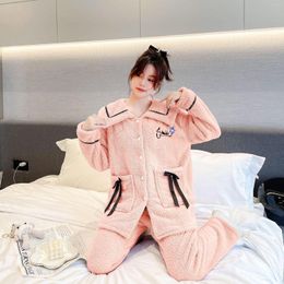 Women's Sleepwear Autumn Winter Women Coral Velvet Pyjamas Full Sleeve Warm 2PCS Suit Sweet Flower Nightwear Lovely Bow Home Wear Loose