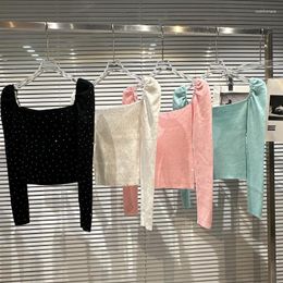 Women's Sweaters 2023 Winter Knitting Tops Ladies Square Collar Starry Diamond Puff Sleeve Knitted Shirt Women Slim Elastic Thin Sweater