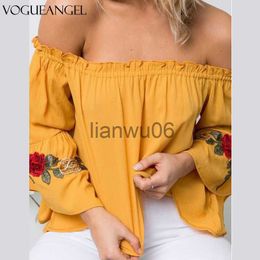 Women's Blouses Shirts Sexy Off Shoulder Women Tops Tunic 2020 Floral Embroidery Chiffon Blouse Shirt Batwing Casual Loose Summer Shirts Blusas J230802