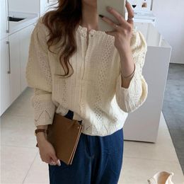 Women's Knits Lucyever Sweet Hollow Out Short Cardigan Sweaters Women 2023 Spring Single Breasted Knit Coat Woman White Crop Tops Ladies