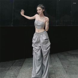 Women's Pants Y2k Grey Parachute For Women Drawstring Straight Leg Side Iron Chain Streetwear Sweatpants High Waist Hip Hop Trousers