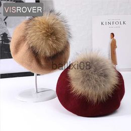 Stingy Brim Hats VISROVER New Unisex Wool Winter Beret Solid fur Pompom Autumn Hat Winter Cap Spring Punk Beret Hat Real Fur Beret Wholesale J230802