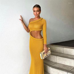 Casual Dresses Adogirl Braid Splicing Cut Out Long Party Dress Women Sexy One Shoulder Full Sleeve Bodycon Maxi Evening Robe Beach Outfits