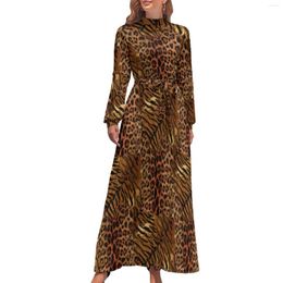 Casual Dresses Leopard Skin Print Dress Trendy Spotted Striped Kawaii Custom Maxi High Neck Long Sleeve Aesthetic Boho Beach