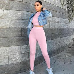 Active Sets Ladies Knitted Tight Suit Round Neck Long Sleeve Pullover Leggings Pants Set AutumnTight Sportswear Fitness