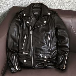 Men's Slim Fit Short Motorcycle Leather Jacket with Turn Down Collar Youth Style Men Genuine Leather Biker Outerwear New Arrival