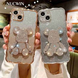 Cell Phone Cases Crystal Diamond Bear Glitter Case For iPhone 11 12 13 14 Pro Max XR X Xs Max 7 8 14 Plus Wave Pattern Shiny Plating Soft Cover L230731