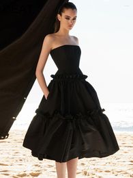 Casual Dresses Women Black Elegant Ruffles Midi Dress Strapless Sleeveless A-line Party Fit Fashion Tide Spring Summer Vestidos Female