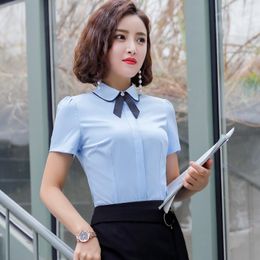 Women's Blouses IZICFLY Summer Style Blue Shirts For Women Elegant Fashion Interview OL Slim Top Formal Office Ladies Work Wear