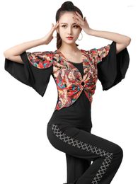 Stage Wear Flower Latino Latin Tops Practise Ring Pole Dance Woman V-neck Cabaret Tango Clothes Flare Sleeve Ballroom Women T-shirt