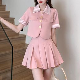 Two Piece Dress Summer Women Sets Lapel Short Sleeve Blazers Coat Tops And Pleated Skirts Suit Femme High Street Casual Outfits