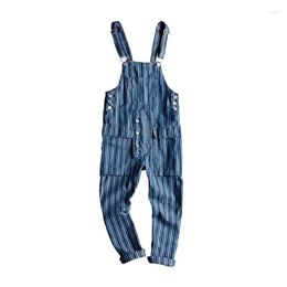 Men's Jeans Vintage Loose Striped Coat Denim Jumpsuit Korean Fashion Hip Hop Street Dress Large Pocket Pants