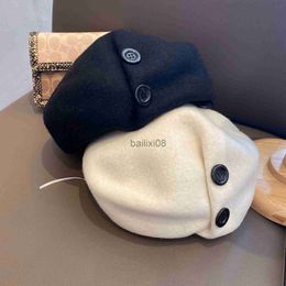 Stingy Brim Hats Pleated Beret Female Button Painter Hat Wool Bud Versatile Pumpkin Casual Octagonal Bonnet Enfant J230802