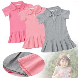 Girl Dresses Toddler Short Sleeve Lapel Solid Color Pleated Dress For 1 To 7 Years Girls Bright Beautiful