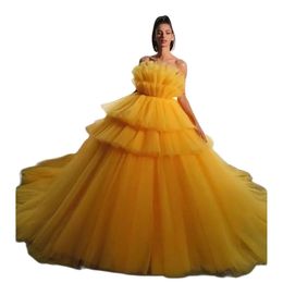 Yellow Ball Gown Evening Dresses Strapless Ruffle Tiered Photography Dress Layered Puffy Womens Birthday Party Gown