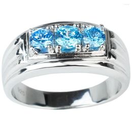 Cluster Rings 925 Sterling Silver Finger Ring For Men With 3-stone Sky Blue Cubic Zirconia CZ Crystal Jewellery R519