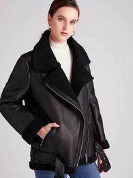 Women's Leather Winter Fur One-piece Double-sided Motorcycle Jacket Thickened Zipper Coat Jackets For Women