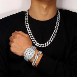 Strands TOP Hop Iced Out Chain Necklace+watch+bracelet Set Men 13mm Cuban Link New Rhinestone Necklace for Jewellery Watch Gift 230613