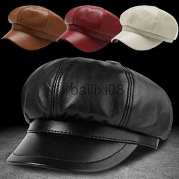 Stingy Brim Hats Autumn Winter PU Leather Octagonal Beret Hat Women Solid Colour Berets Baseball Caps Ladies High Quality Newsboy Cap Panama Hats J230802