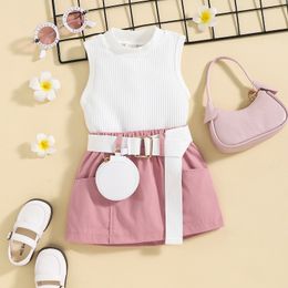 Clothing Sets Summer fashion sexy girls suit 0 5 years old children s pit strip sleeveless neck hanging shorts waist bag leisure three piece 230802