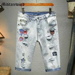 Men's Jeans Hole Shorts Patchwork Design For Men Summer Casual Light Blue Short Hip Hop Streetwear Youth Y2k Fashion Vibe Outdoor Male