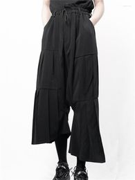 Men's Pants Casual Wide Leg Skirt Irregular Asymmetric Black Folding Loose Horn Hougong