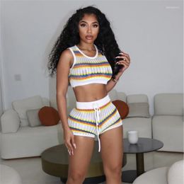 Women's Tracksuits Knitted Sweater 2 Piece Pant Set Women Outfits Luxury Elegant Crocheted Tops Sexy Crop Striped Tank Top Knit Two Sets