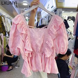 Women's Blouses LXUNYI Sweet Shirt 2023 Summer Slim Ruffles Patchwork Short Square Neck Commuter Puff Sleeve Blouse Apricot Blue Pink