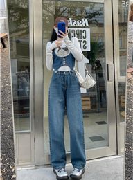 Women's Jeans Autumn And Winter Clothes Large Size Blue High-waist 2023 Desig Detachable Straight-leg Wide-leg Jumpsuit