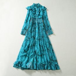 2023 Autumn Blue Contrast Color Ruffle Chiffon Dress Long Sleeve Stand Collar Panelled Long Maxi Casual Dresses S3Q270726