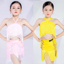 Stage Wear Pink Yellow Halter Tassels Top Skirts Girls Latin Dance Costume Dress Children'S Competition Dancing Clothes XS6260