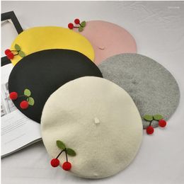 Berets Cildren's Adult Cerry Beret Autumn And Winter Warm Irl Pure Color Cute Japanese Andmade Fasion Parent-cild Painter At