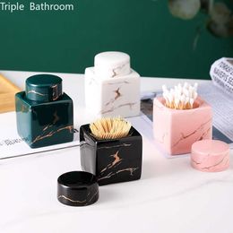 2pcs Toothpick Holders Ceramic with Cover Dust Proof Cotton Swab Nordic Marble Stripes Toothpick Holder Bathroom Accessories