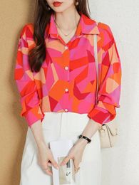 Women's Blouses Vintage Geometric Pattern Shirt Women Elegant Office Ladies Y2k Korean Long Sleeve Patchwork Casual Tops Female Autumn