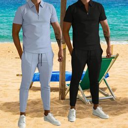 Men's Tracksuits Summer Solid Colour Suit Short Sleeve Turn-down Collar Tops And Calf Pants 2 Piece Set Tracksuit Casual Outfits