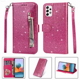 Cell Phone Cases Bling Glitter Leather Zipper Case For Samsung Galaxy S22 Ultra S21 FE S20 Note20 A52 A33 A53 A13 A21S A32 A72 Flip Wallet Case L230731