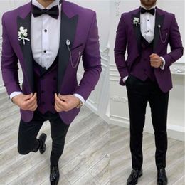 Men's Suits Purple Costume Slim Fit Men Black Pant Groom Tuxedos For Formal Wedding Suit Jacket Vest 3 Pieces Blazer