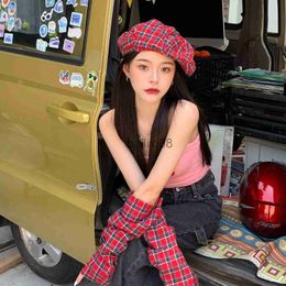 Stingy Brim Hats Korean New Style Red Plaid Beret Female Spring and Autumn Niche Cloud Hat Ins Jellyfish Hat Summer J230802