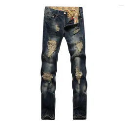 Men's Jeans Men Ripped Denim Trousers Fashion Casual Slim Skinny Pencil Pants Vintage Dark Blue Color Male