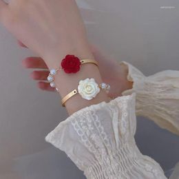Link Bracelets Korean Fashion Rose Pearl Bracelet For Women French Red White Flower Boudoir Wedding Party Jewelry Gift