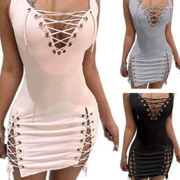 Casual Dresses Womens Sexy Deep V-Neck Sleeveless Bodycon Mini Dress Lace Up For Cross Bandage 10CE