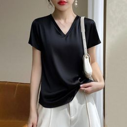 Women's Blouses Women Summer Top V-neck Lady T-shirt Soft Short Sleeves OL Commute Satin Female Clothes