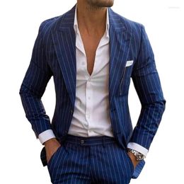 Men's Suits 2023 Blue Pinstripe Two Pieces Tuxedos Slim Fit Peaked Lapel Groomsmen For Wedding (Blazer Pants)
