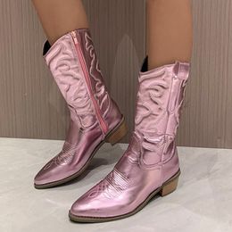 Boots Cowboy Pink Cowgirl Boots for Women Fashion Zip Embroidered Pointed Toe Chunky Heel Mid Calf Western Boots Shinny Shoes 230802