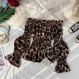 Women's Blouses Shirts Korean Fashion Sexy Slash Neck Leopard Chiffon Shirt Blouse Women 2020 Spring Autumn OffShoulder Slim Fit Wild Shirt Top PZ2755 J230802