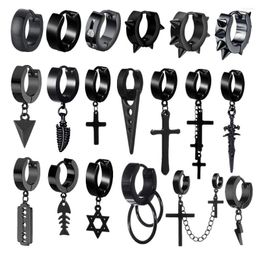 Backs Earrings 2023 Black Punk Stainless Steel Women Men Hoop Small Trendy Round Cross Pendants Jewellery Accessories Gifts