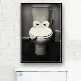Canvas Painting Funny Toilet Black And White Washroom Humor Poster Wall Art Frog Closestool Prints Lavatory Decor Painting For Bathroom w06