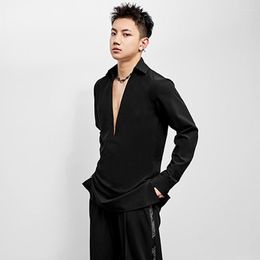 Stage Wear Male Latin Dance Shirt V-Neck Competition Clothes ChaCha Dancing Long Sleeved Tango Ballroom Performance Tops DL10542