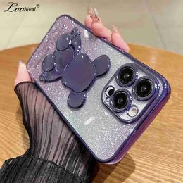 Cell Phone Cases Cute Cartoon Bear Glitter Case for iPhone 14 13 12 11 Pro Max X Xr Xs 8 7 Plus SE 2 Gradient Bling Plating Soft Shockproof Cover L230731