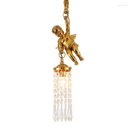 Pendant Lamps DINGFAN French All Copper Angel Chandelier European Style Villa Atmosphere Luxury Porch Corridor Balcony Crystal Pendent Light